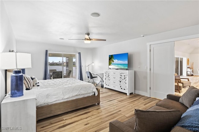 bedroom with light wood-style floors, access to outside, baseboards, and a ceiling fan