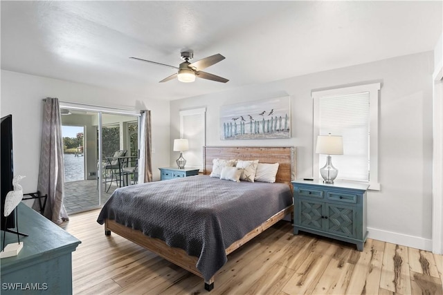 bedroom featuring light wood-type flooring, access to outside, ceiling fan, and baseboards