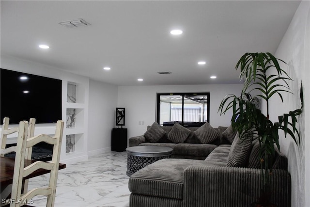 living area with visible vents, recessed lighting, marble finish floor, and built in features