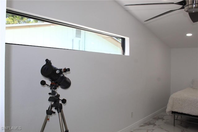 bedroom with baseboards, vaulted ceiling, recessed lighting, marble finish floor, and a ceiling fan