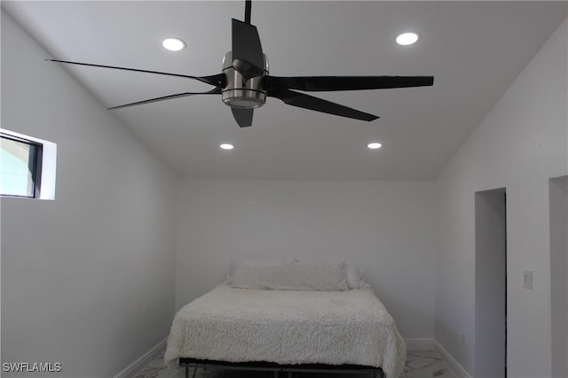 bedroom with ceiling fan, recessed lighting, marble finish floor, and baseboards