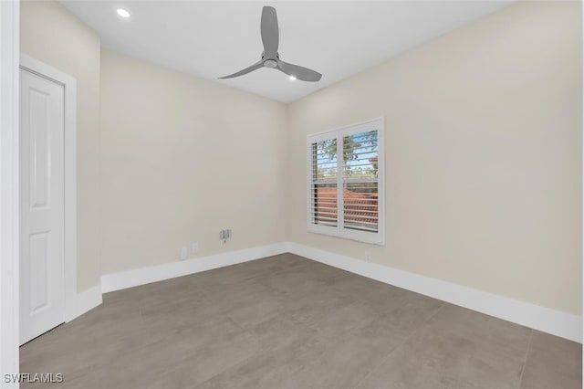 unfurnished room with recessed lighting, a ceiling fan, and baseboards