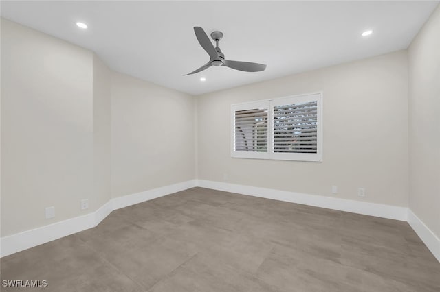 unfurnished room with ceiling fan, recessed lighting, and baseboards