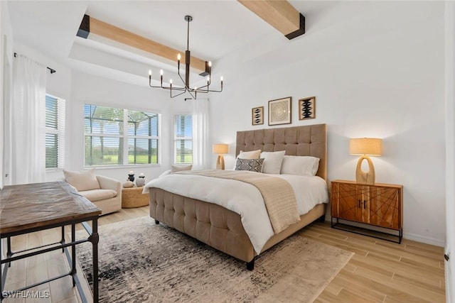 bedroom featuring a chandelier, baseboards, beam ceiling, and wood tiled floor