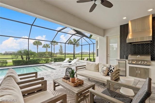 view of patio / terrace with a lanai, an outdoor pool, an outdoor living space, and area for grilling