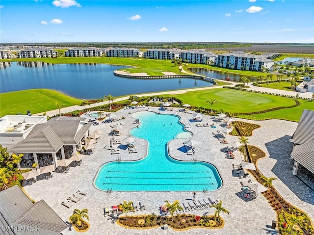 birds eye view of property featuring a water view and golf course view