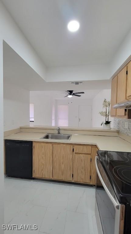 kitchen with black dishwasher, stainless steel electric range, light countertops, and a sink