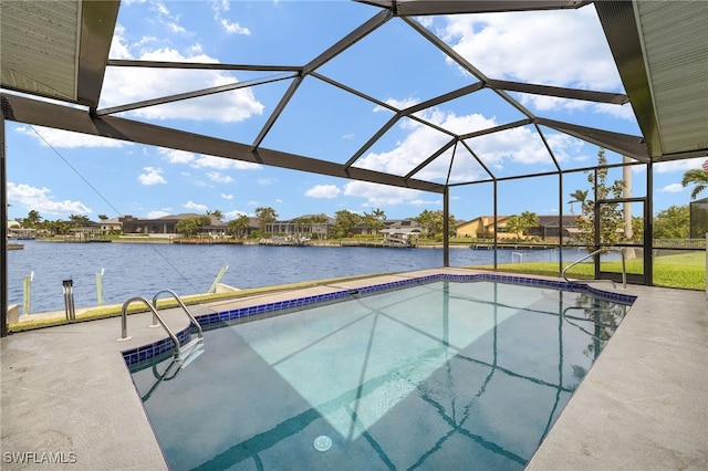 outdoor pool with a patio, a water view, and a lanai