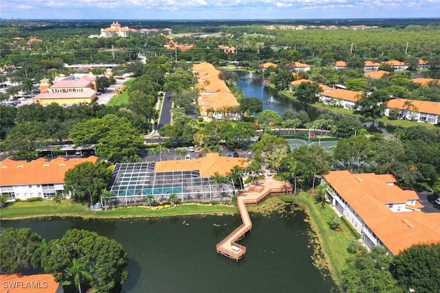 aerial view featuring a water view