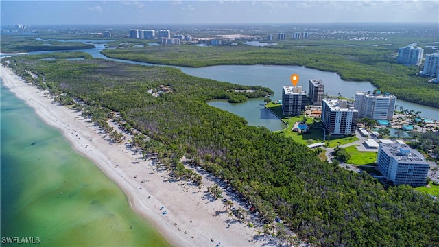 birds eye view of property with a water view, a city view, and a view of the beach