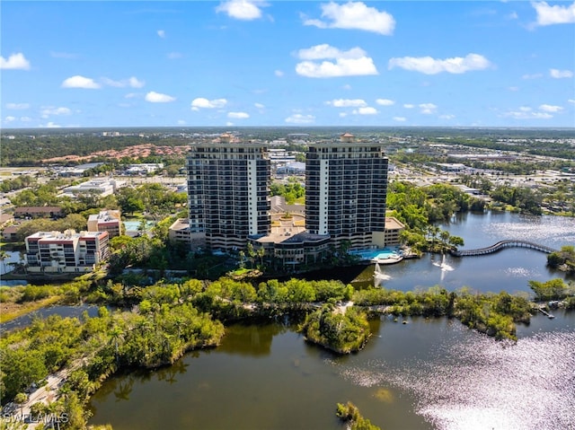 aerial view featuring a view of city and a water view