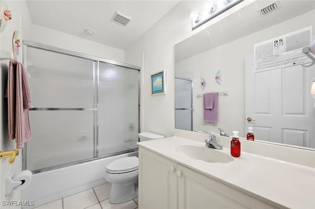 bathroom with tile patterned floors, visible vents, toilet, and vanity