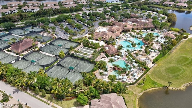 aerial view featuring a water view and a residential view