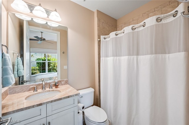 full bathroom with toilet, a ceiling fan, connected bathroom, vanity, and a shower with curtain