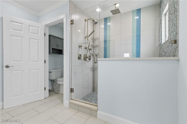416 Seaworthy Rd, North Fort Myers, FL 33903 - bathroom featuring crown molding, a shower stall, and toilet