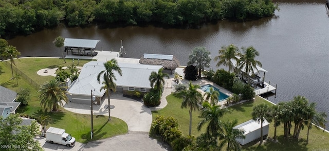 bird's eye view with a water view