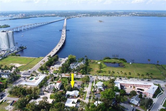 drone / aerial view with a water view