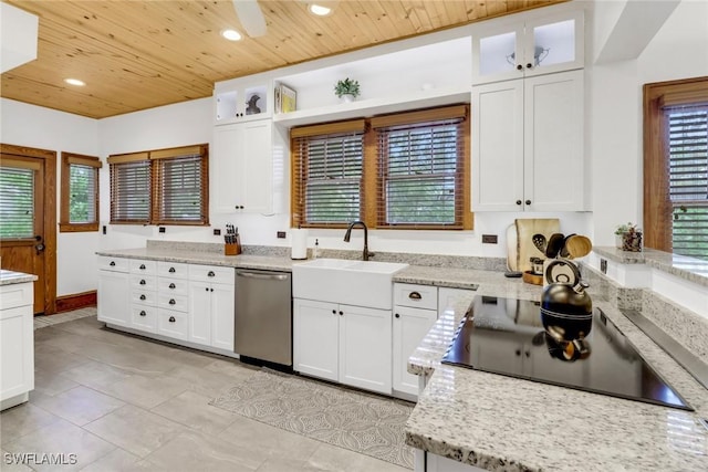 kitchen featuring wood ceiling, white cabinetry, a sink, and stainless steel dishwasher