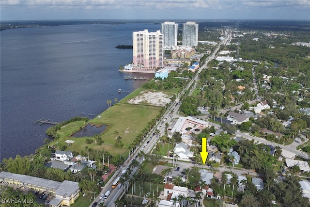 drone / aerial view with a water view