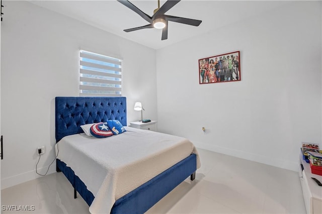 bedroom featuring ceiling fan and baseboards