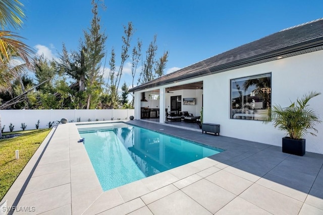 view of swimming pool with a patio, a fenced backyard, and a fenced in pool