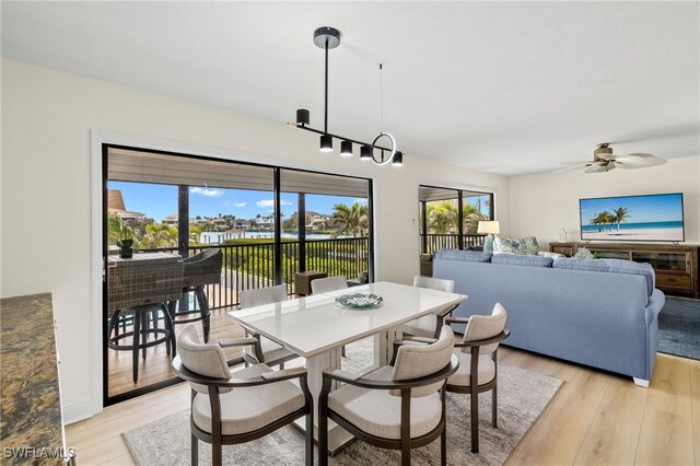 dining room featuring light wood-type flooring and ceiling fan