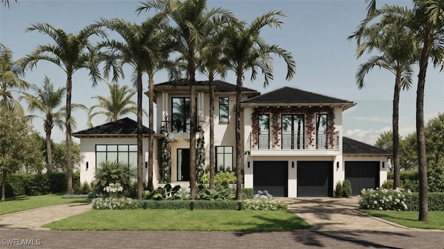 view of front of property featuring decorative driveway, a front yard, a balcony, and stucco siding