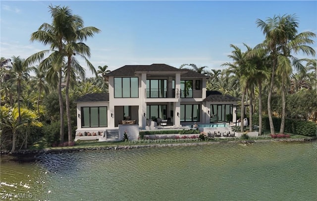 rear view of property with a patio, stucco siding, a water view, a balcony, and an outdoor pool