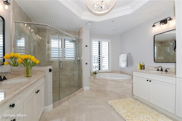 bathroom featuring crown molding, a raised ceiling, visible vents, and a sink