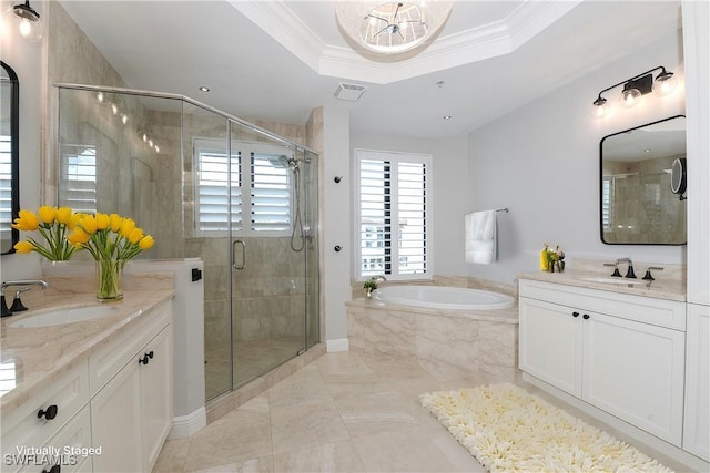 1530 5th Ave S Unit 208C, Naples, FL 34102 - bathroom featuring a shower stall, two vanities, a garden tub, a tray ceiling, and crown molding