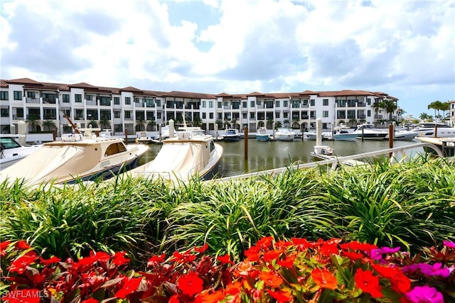 view of home's community featuring a dock and a water view