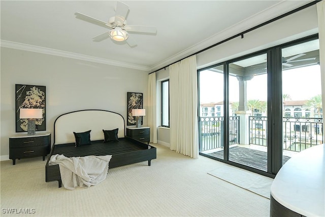 bedroom with light carpet, a ceiling fan, baseboards, access to outside, and ornamental molding