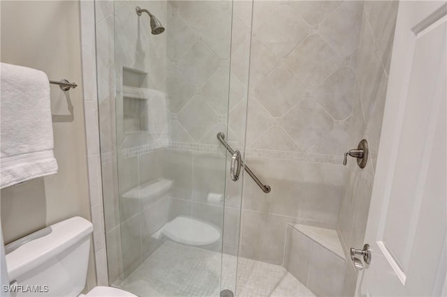 full bathroom featuring a shower stall and toilet