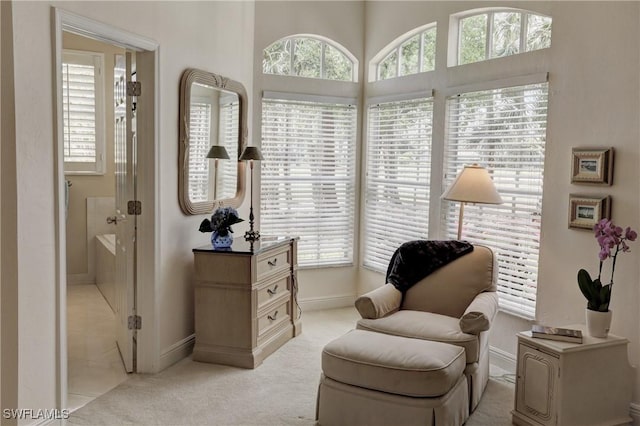 living area featuring light colored carpet and baseboards