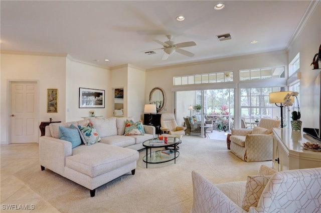 living room featuring recessed lighting, visible vents, and crown molding