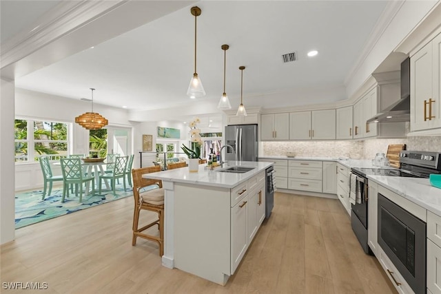 kitchen with visible vents, decorative backsplash, wall chimney exhaust hood, appliances with stainless steel finishes, and a sink