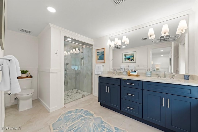 full bathroom with double vanity, a shower stall, visible vents, and toilet