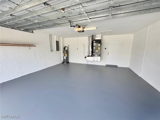 garage featuring water heater, a garage door opener, electric panel, and heating unit