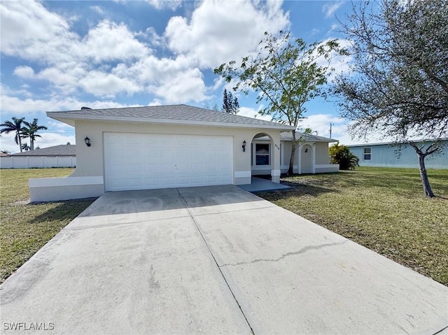 ranch-style home with driveway, a front lawn, an attached garage, and stucco siding