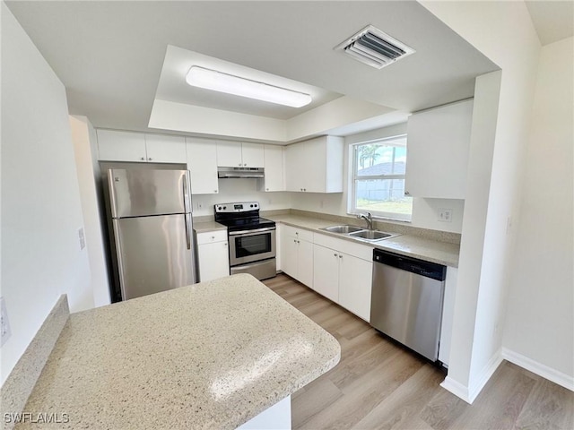 kitchen featuring visible vents, light wood-style flooring, appliances with stainless steel finishes, under cabinet range hood, and a sink