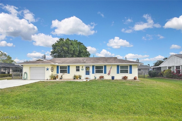 ranch-style home with stucco siding, driveway, fence, a front yard, and an attached garage