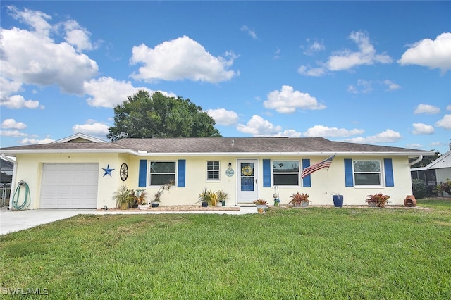 ranch-style house with a front lawn, a garage, driveway, and stucco siding