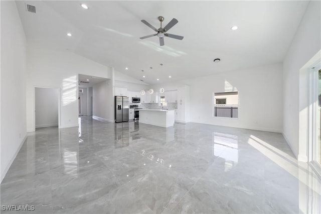 unfurnished living room featuring high vaulted ceiling, marble finish floor, visible vents, and ceiling fan