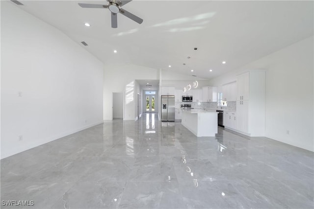 unfurnished living room featuring visible vents, a ceiling fan, marble finish floor, high vaulted ceiling, and recessed lighting