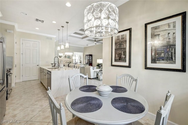 dining room featuring crown molding, light tile patterned floors, recessed lighting, visible vents, and baseboards