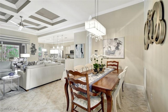 12121 Chrasfield Chase, Fort Myers, FL 33913 - dining room with ornamental molding, light tile patterned flooring, ceiling fan, beamed ceiling, and a chandelier