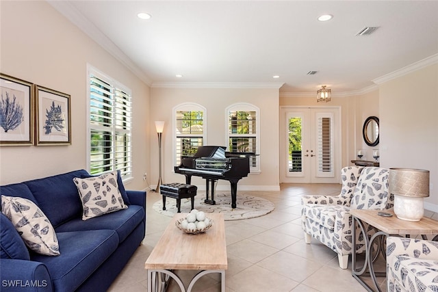 living room with light tile patterned floors, baseboards, ornamental molding, and recessed lighting