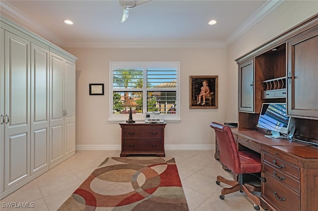 office space featuring light tile patterned floors, baseboards, and ornamental molding