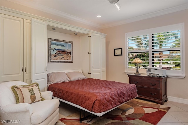 bedroom with light tile patterned floors, recessed lighting, baseboards, and ornamental molding