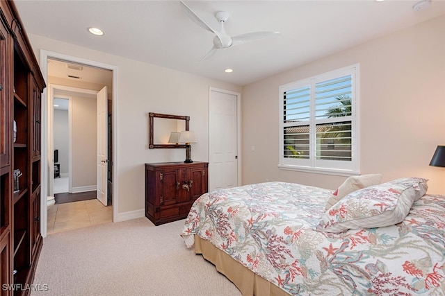 tiled bedroom with recessed lighting, baseboards, carpet, and a ceiling fan